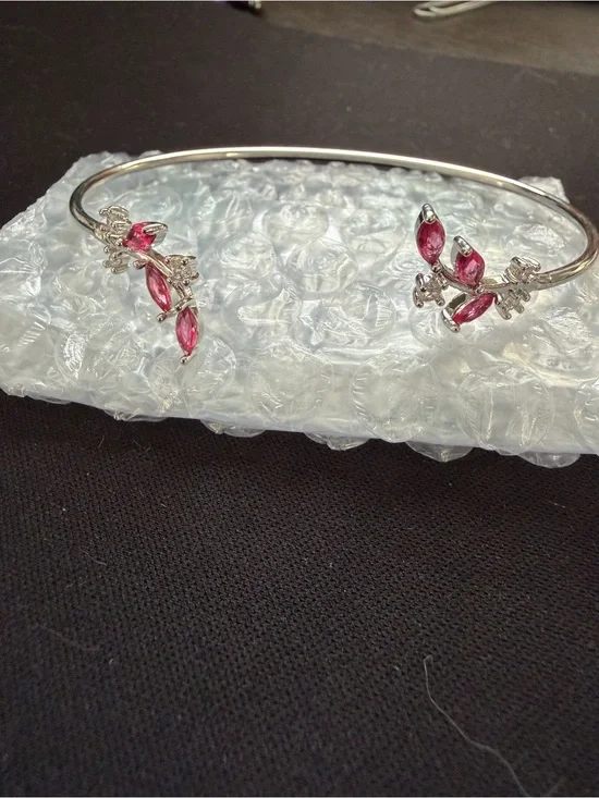 Silver Open Bangle Bracelet with Pink Marquise Stones