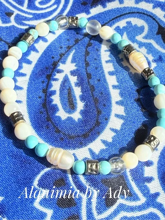 BEADED gold and blue TURQUOISE + FRESHWATER Pearl Bracelet