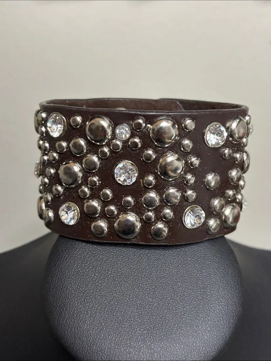 Studded Brown Leather Cuff Bracelet with Clear Crystals