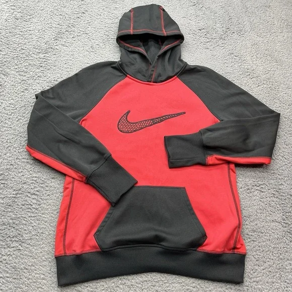 Nike Center Swoosh Hoodie Womens Large‎ Therma-Fit Honeycomb Pattern Red Black