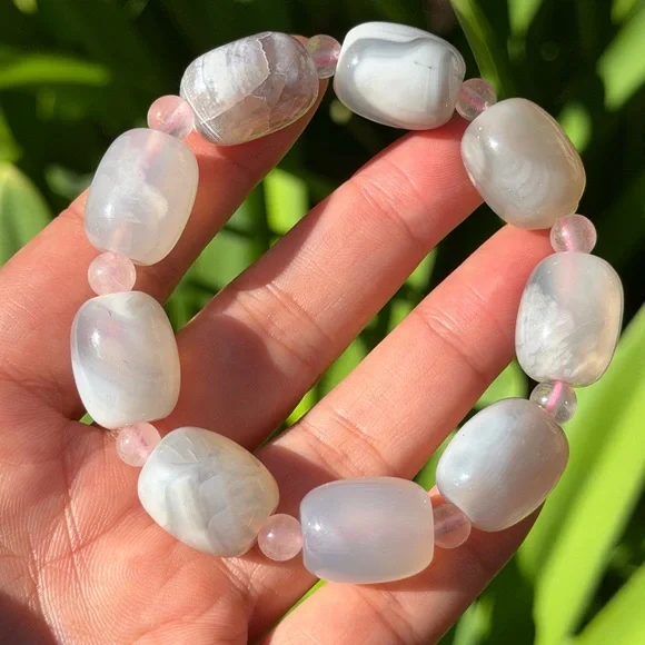 14mm stretchable barrel‎ shape milky agate rose quartz bracelet 0401