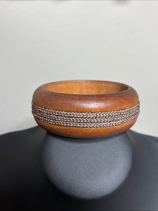 Wood Boho Bangle Bracelet Braided Rope Inlay - Brown Western Statement