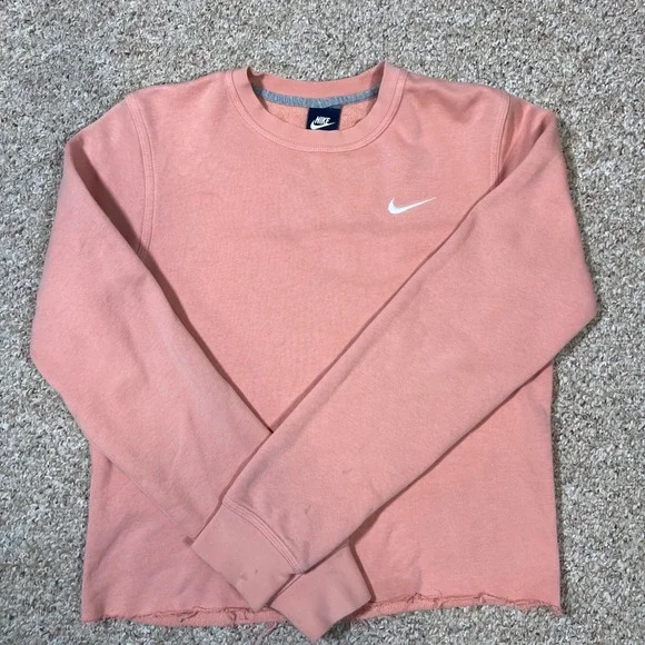 Nike Womens Crewneck Sweatshirt Coral Pink Raw Hem Cropped Swoosh Logo Small