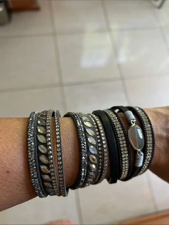 Women's Multi-Row Black and Silver Wrap Bracelet