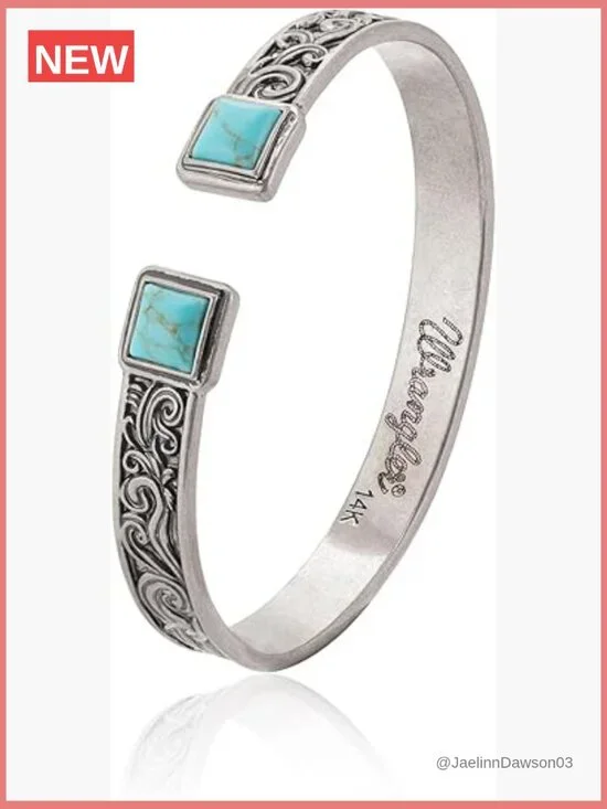 Turquoise Carved Floral Cuff Bracelet Open Bangle Silver Plated Copper