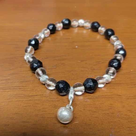 Black Tourmaline, Quartz And Sterling Silver Bell & Beads Bracelet