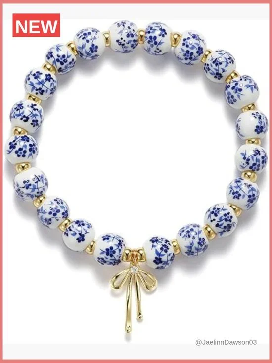 Vintage Bow Charm Stretch Beaded Bracelet Romantic Dainty Jewelry
