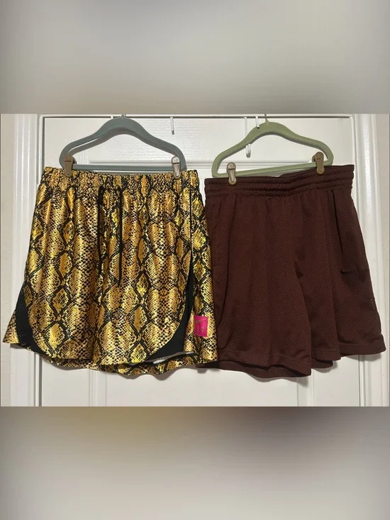 Nike Women's Yellow Snake Print Athletic Shorts & Brown Mesh Shorts