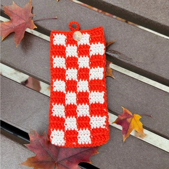 Red and White Checkered Crochet Pouch