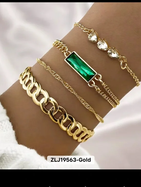 & Other Stories Gold-Tone Layered Bracelet Set with Emerald Green Stone