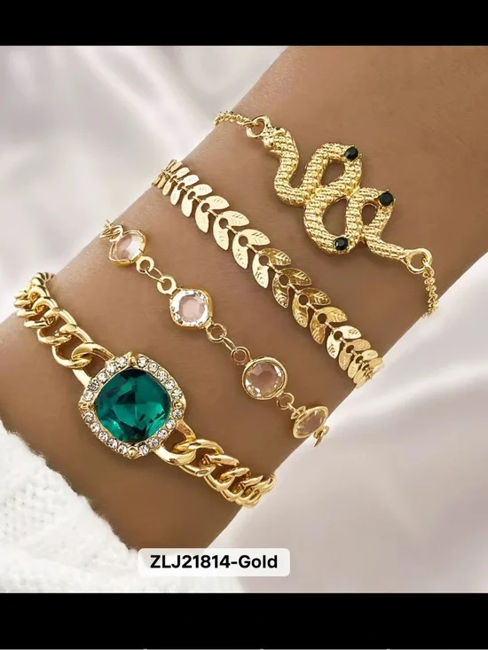 Gold-Tone Layered Bracelet Set with Emerald Gem Accent