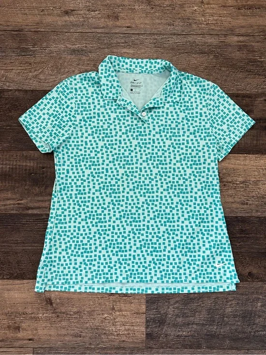 Nike Polo Shirt Womens Sz L Light Blue Teal Standard Fit Geometric Dri-FIT Golf