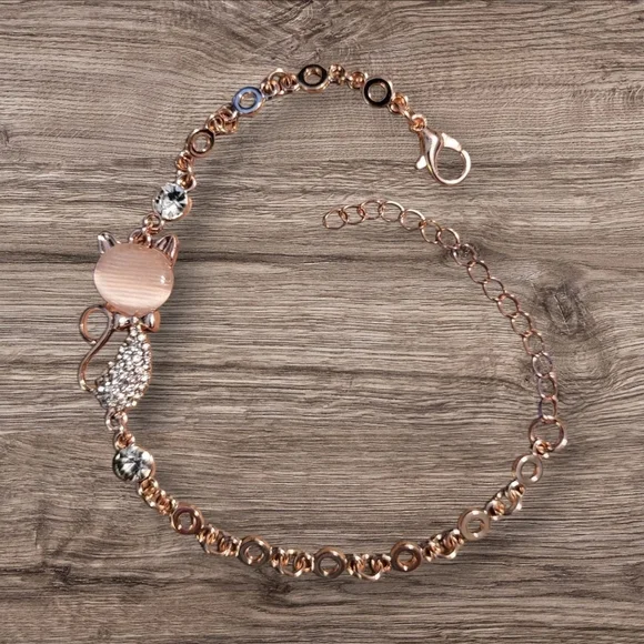 🩷3 for $15: Rose Gold Enamel & Crystal Cat Bracelet, 7