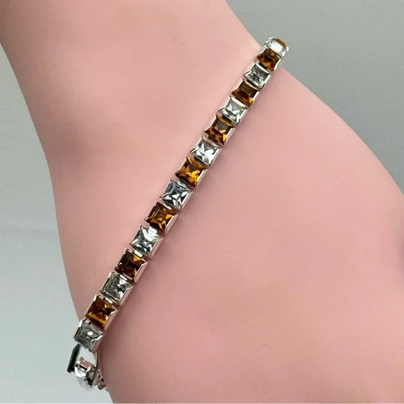 Swarovski Crystal Tennis Bracelet Silver Clear Amber Princess Cut Stackable