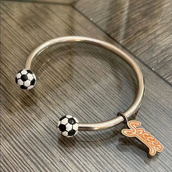 Soccer Charm Bracelet Soccer Ball Ends  Circular Barbell Cuff Bracelet