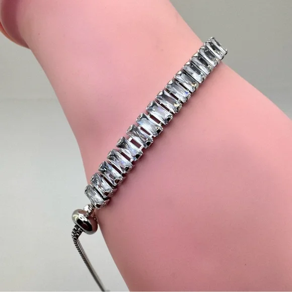 Diamond Look Swarovski Crystal Silver Baguette Bolo Tennis Bracelet New Sparkle