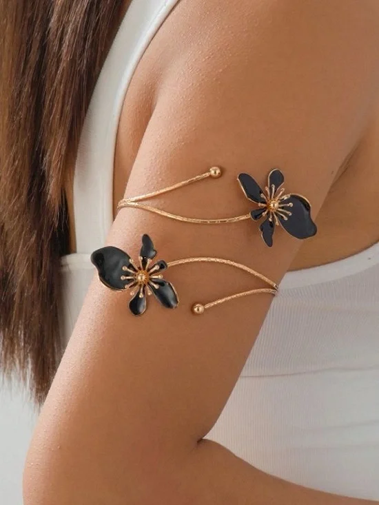 Gold Floral Black Enamel Adjustable Arm Cuff - Women Jewelry