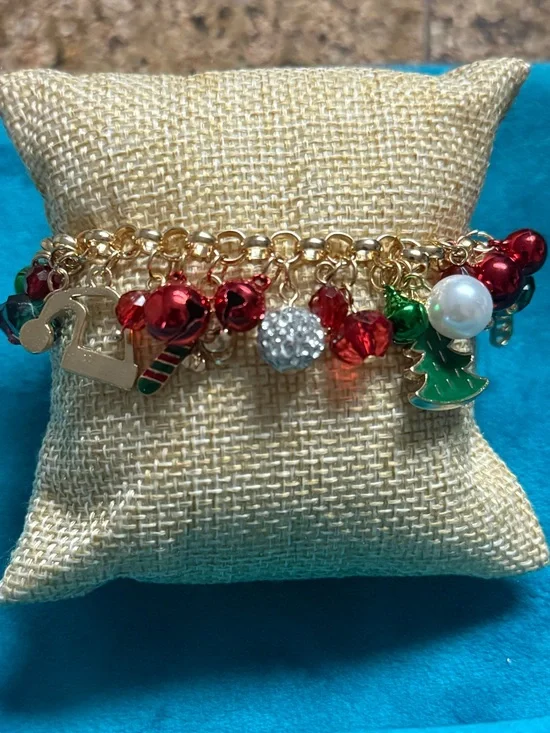 Gold-tone Holiday Charm Bracelet with Red & Green Accents