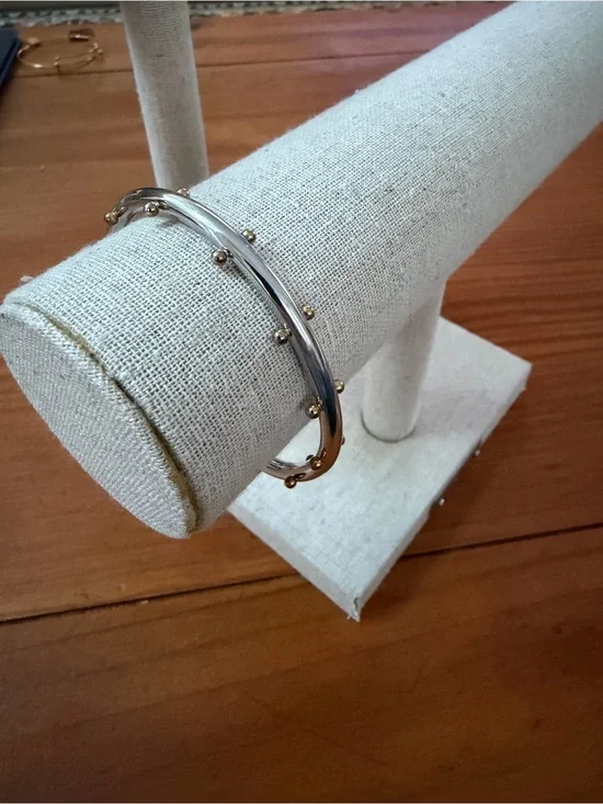 Two-Tone Gold & Silver Bead Stainless Steel Bangle Bracelet