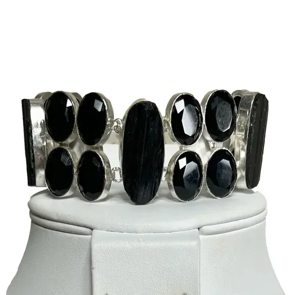 Black Tourmaline & Synthetic Black Onyx 925 Large Gemstone Bracelet