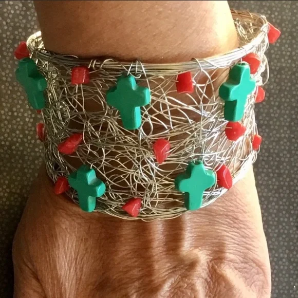 Turquoise & Red Agate Gemstone Free Form Cuff