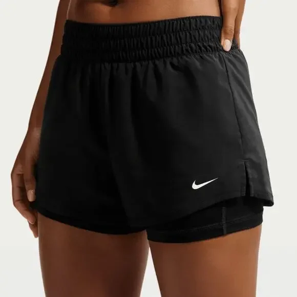 NIKE One Dri Fit 2-in-1 Shorts Black Mid Rise Brief Lined Running Women's M