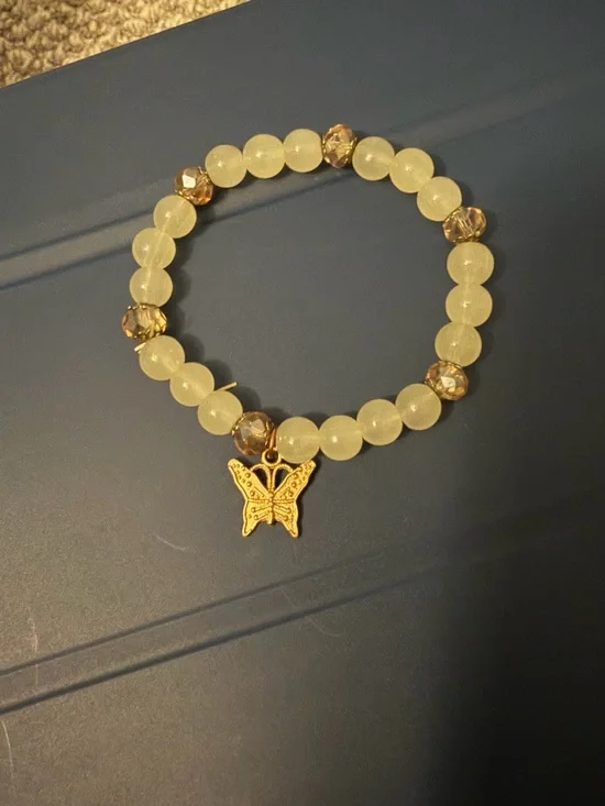 Gold Butterfly Charm Stretch Bracelet with round Beads
