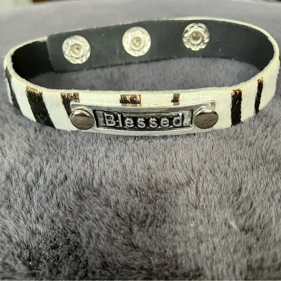 'Blessed'‎ Zebra Print Faux Fur Snap Bracelet - Black / White with Silver Plate