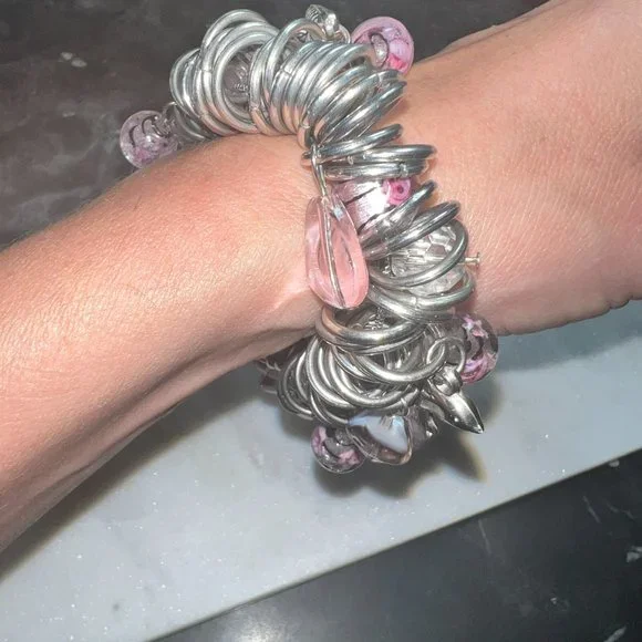 Boho Chunky Heavy Silver Murano Glass Charm Bracelet