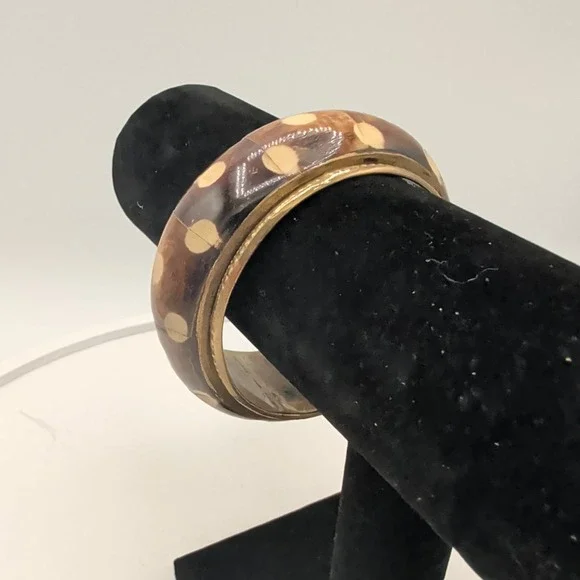 Vintage Brass Bangle‎ Bracelet Inlaid Batik Bone Polka Dot Boho Ethnic 7.5