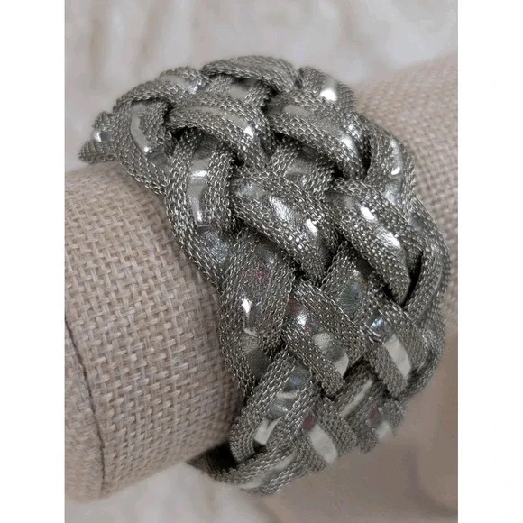 Silver‎ Tone Braided Mesh Statement Bracelet Magnetic Clasp Woven Cuff
