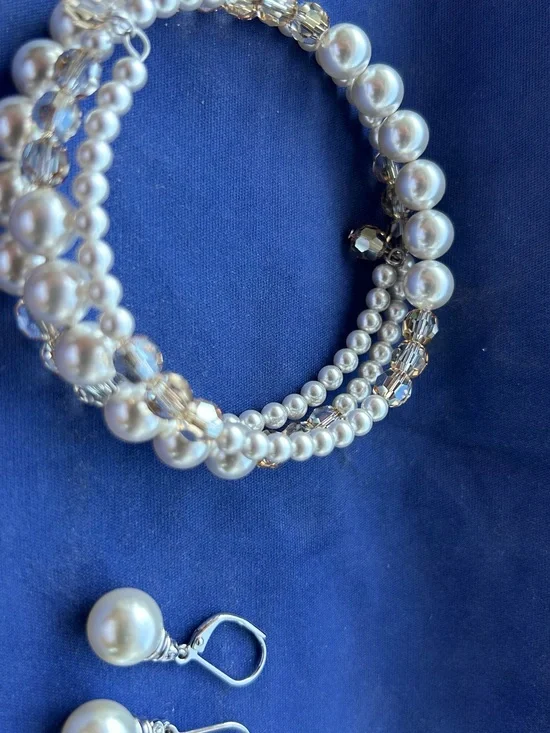 Multi-Strand Pearl and Crystal Coil Bracelet & Cream Pearl Earrings