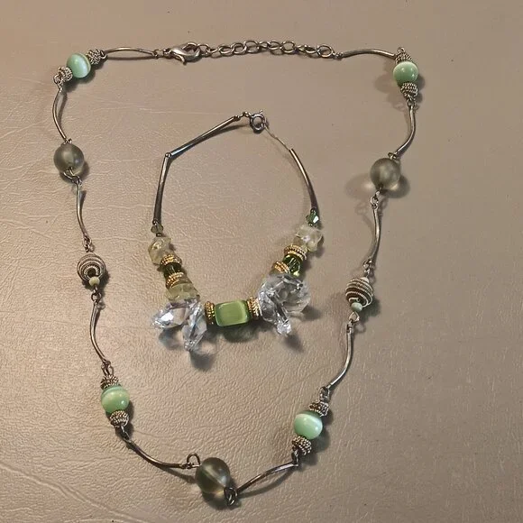 Sterling Silver Artisan Bracelet & Station Necklace Mint Green Tones Lot of 2