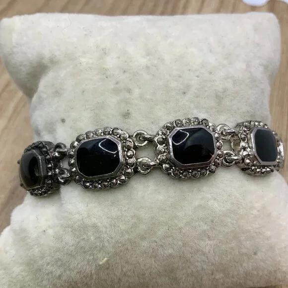 Black Faux Onyx Glass Antique Style Silver Tone Border Bracelet