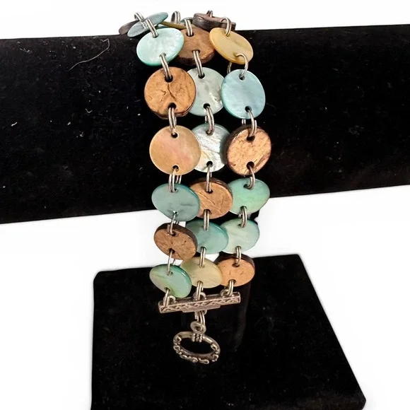 Unbranded Shell Wood Disc Bracelet Women Blue Brown‎ Excellent Boho Coastal