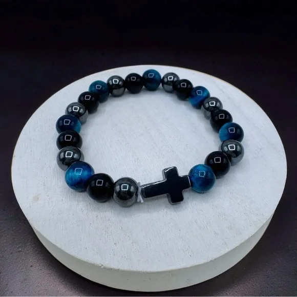 Tiger Eye mix, Blue and Black Beaded Cross Bracelet - Women’s Jewelry