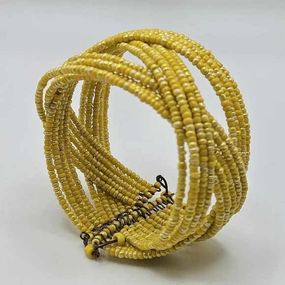 VINTAGE Woven Braided Yellow Glass Seed Bead Boho Memory Wire Cuff Bracelet