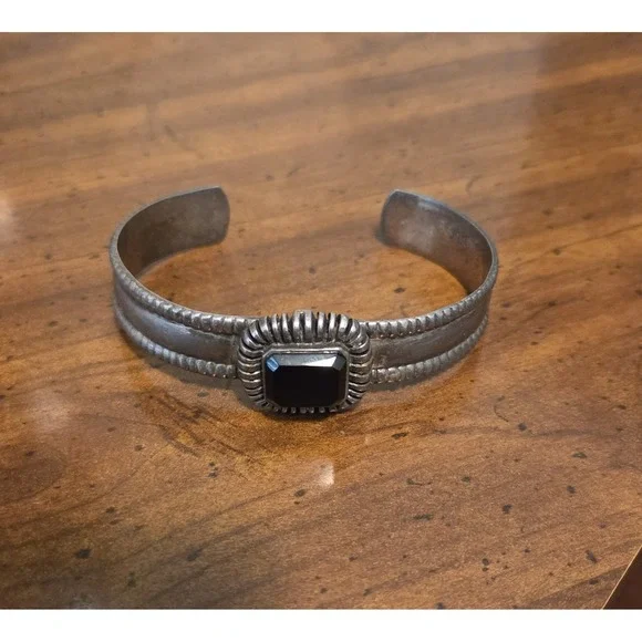Heavy‎ Black Onyx & Sterling Silver Cuff - Victorian 39.27 Gr! Under Melt Value