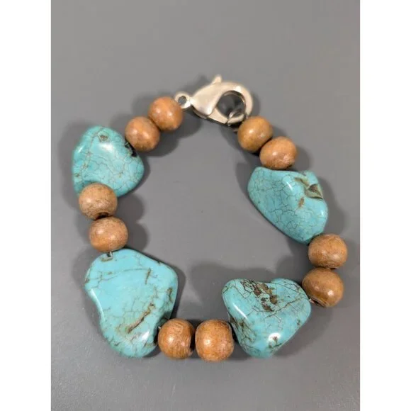 Faux Turquoise Stone Brown Wood Bead Bracelety Chunky Statement Boho 6-6.5‎ inch