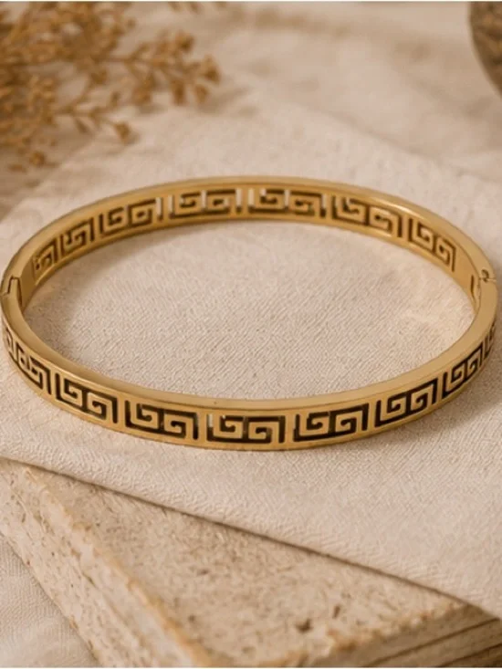Designer Inspired Greek Key Gold Hinge Bangle | 💦Waterproof