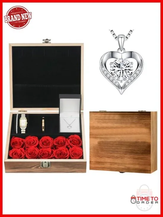 Luxury Jewelry Set with Watch, Necklace, Bracelet, Preserved Roses, Solid Wood