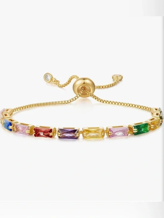 NEW 14k Gold Plated Multicolor Baguette Cubic Zirconia Adjustable Bracelet