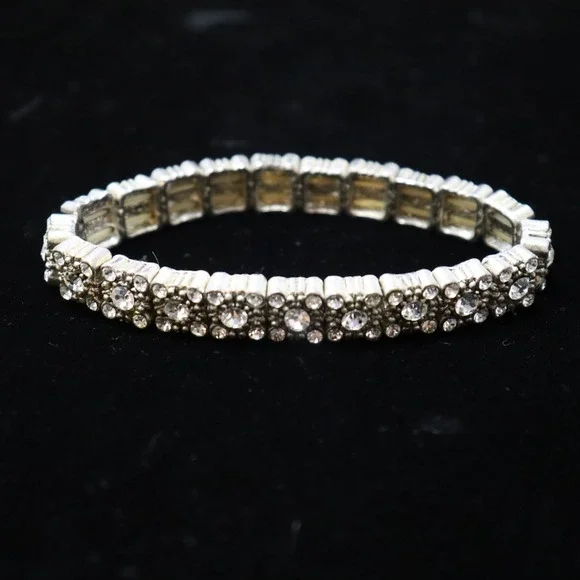 Rhinestone‎ Stretch Bracelet Womens OS Silver Floral Bridal Sparkly Glam