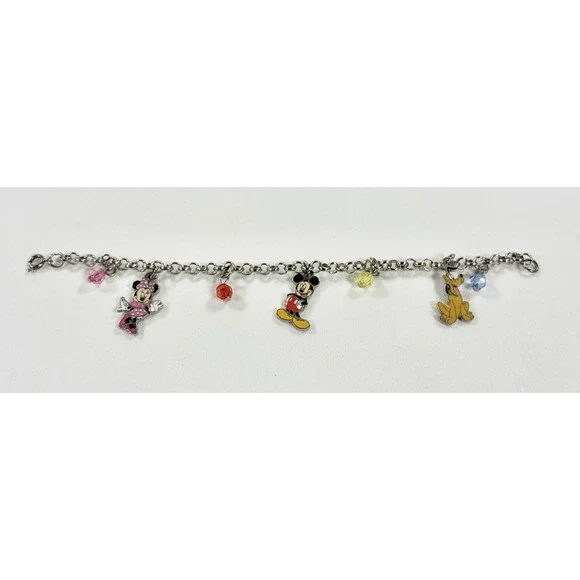 Disney Mickey Mouse Minnie Pluto Charm Bracelet Silver Tone Enamel Beaded 7 Inch