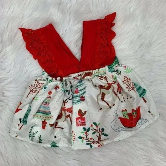2pcs Baby Girl Christmas Romper Lace Dress and Headband Holiday Print 9-12mth.