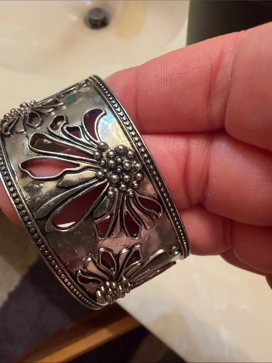 Floral Cutout Silver-Tone Cuff Bracelet