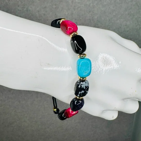 Mixed Gemstone Style Bracelet Chunky Natural Stone Look‎ Adjustable Cord 6-10 in