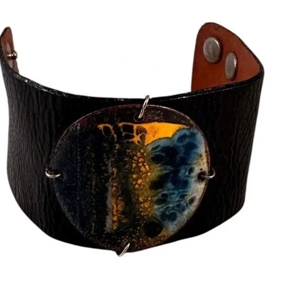 Leighalena Leather Cuff Bracelet Women‎ Black Blue Yellow Excellent Enamel Boho
