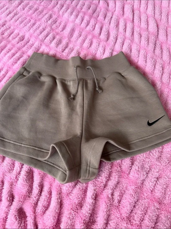 Nike Women's Taupe Drawstring Athletic Shorts with Black Swoosh