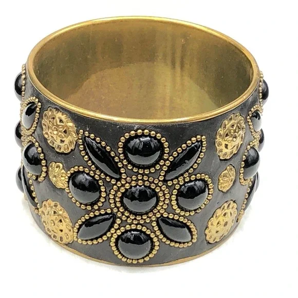 Handmade Artisan‎ Brass Floral Bracelet Ornamental Beads Black Resin Cuff Bangle